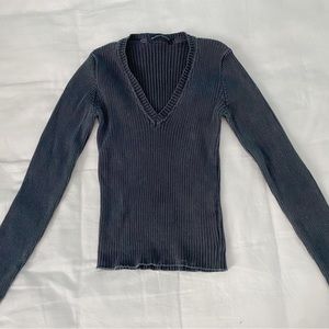 Brandy Melville John Galt Navy Dark Blue Ribbed V Neck Long Sleeve Top One Size